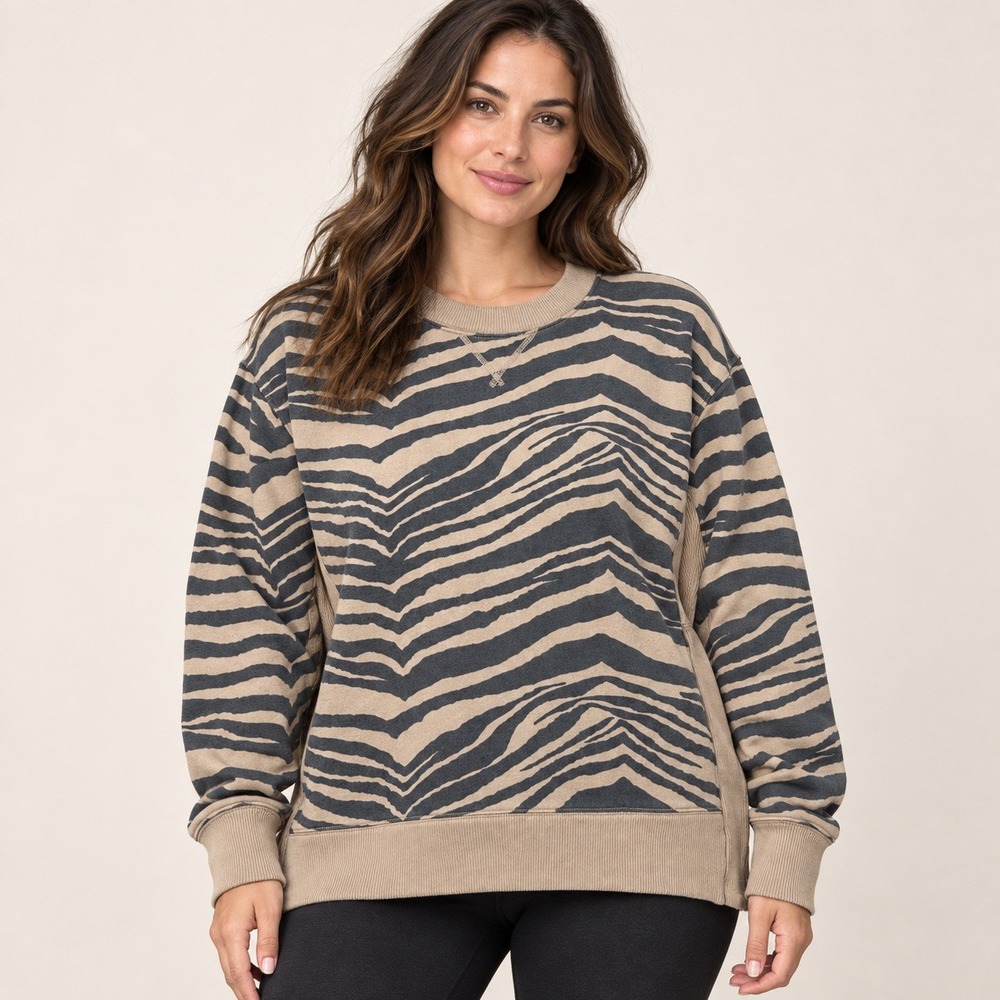Aerie Tan Charcoal Zebra Print Crewneck Sweatshirt Oversized Pullover Small